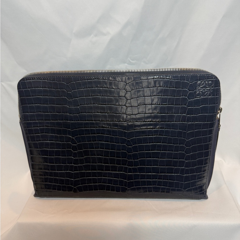 Loewe Dark Navy Blue Goya Portfolio and Laptop Bag in Crocodile Embossed Leather